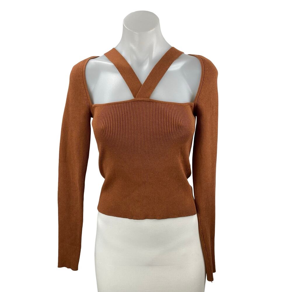 Intermix Naria Brown Long Sleeve Cut-Out Ribbed Knit Cropped Sweater Top Size S